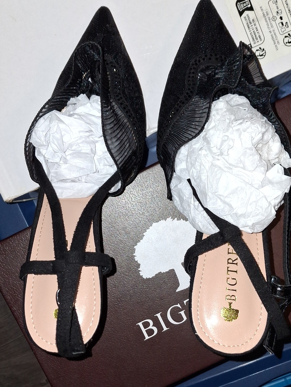 BIG TREE Black Pointed Slingback Heels